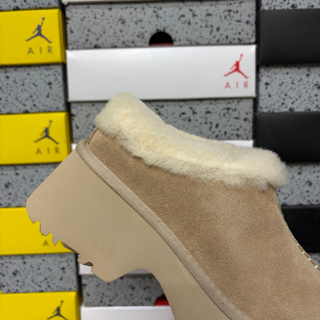 UGG Funkette Platform Clog – Women's Sherpa-Collar Suede Mule in Sand