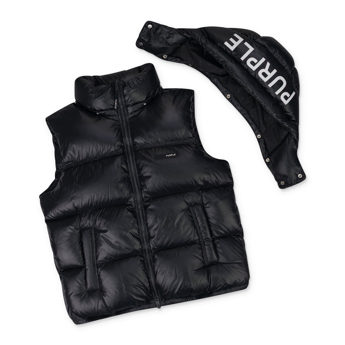 Jet Black Nylon Snap Off Hood Puffer Vest