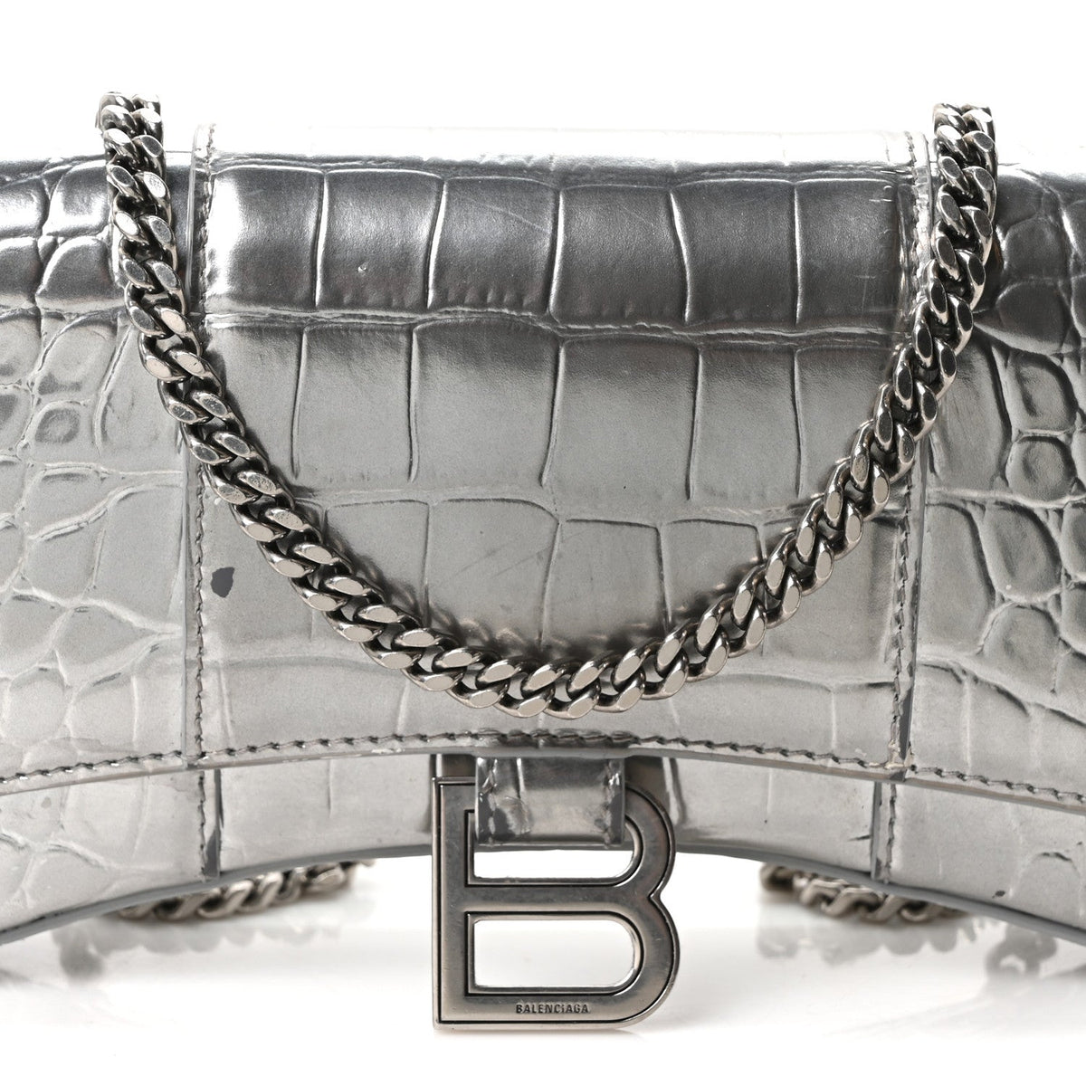 Metallic Calfskin Crocodile Embossed Hourglass Chain Bag Silver