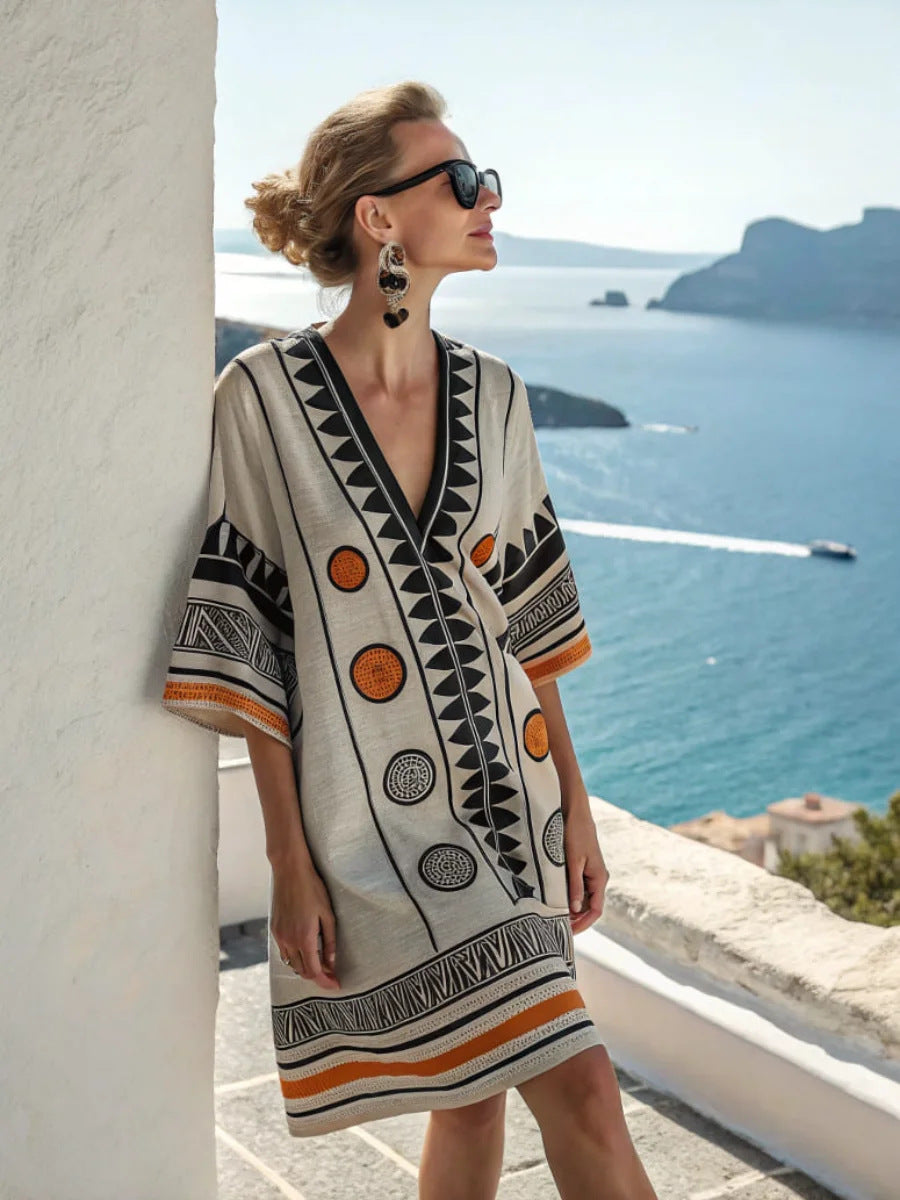 Women's Boho Geometric-Print V-Neck Asymmetric Kaftan Dress