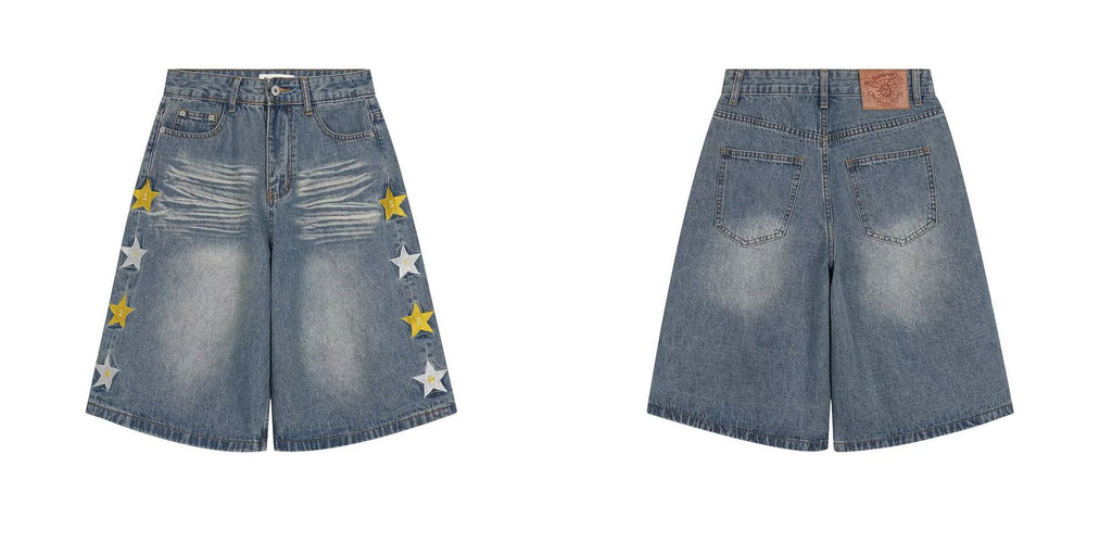 Y2K Vintage Graphic Embroidered Baggy Denim Long Shorts Streetwear
