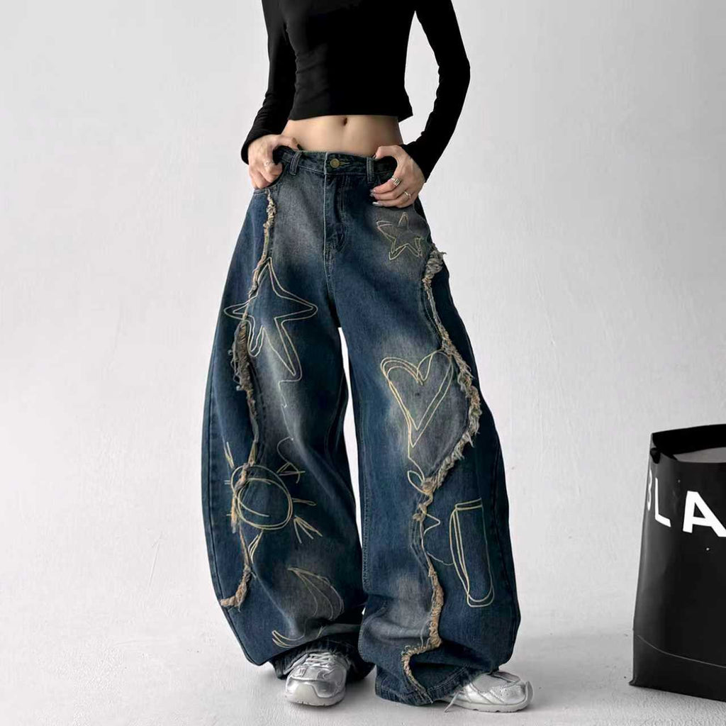 Y2k Vintage Washed Big Pocket Curved Baggy Wide Leg Jeans Streetwear