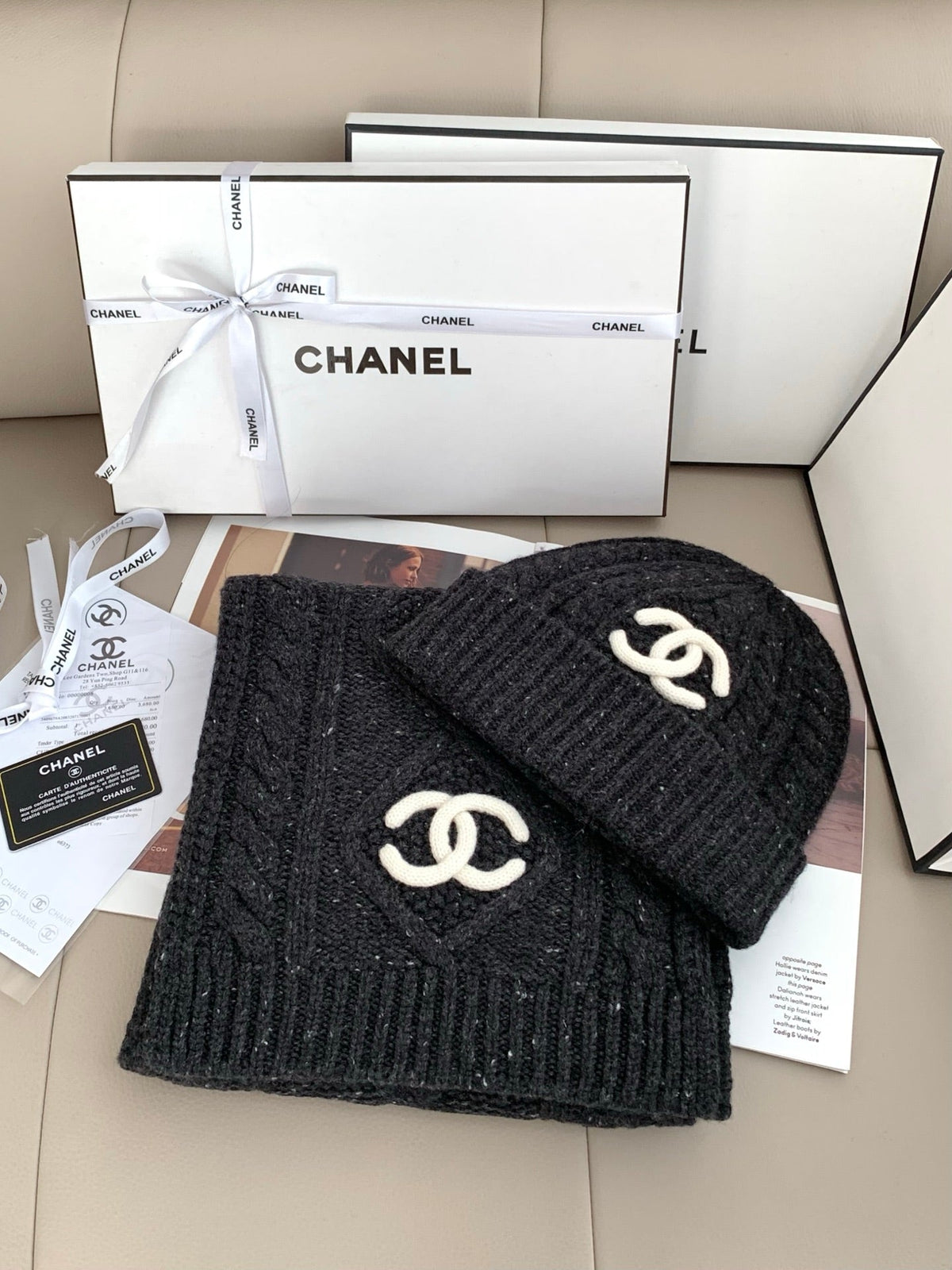 Chanel Style Rib-Knit Scarf and Beanie Set