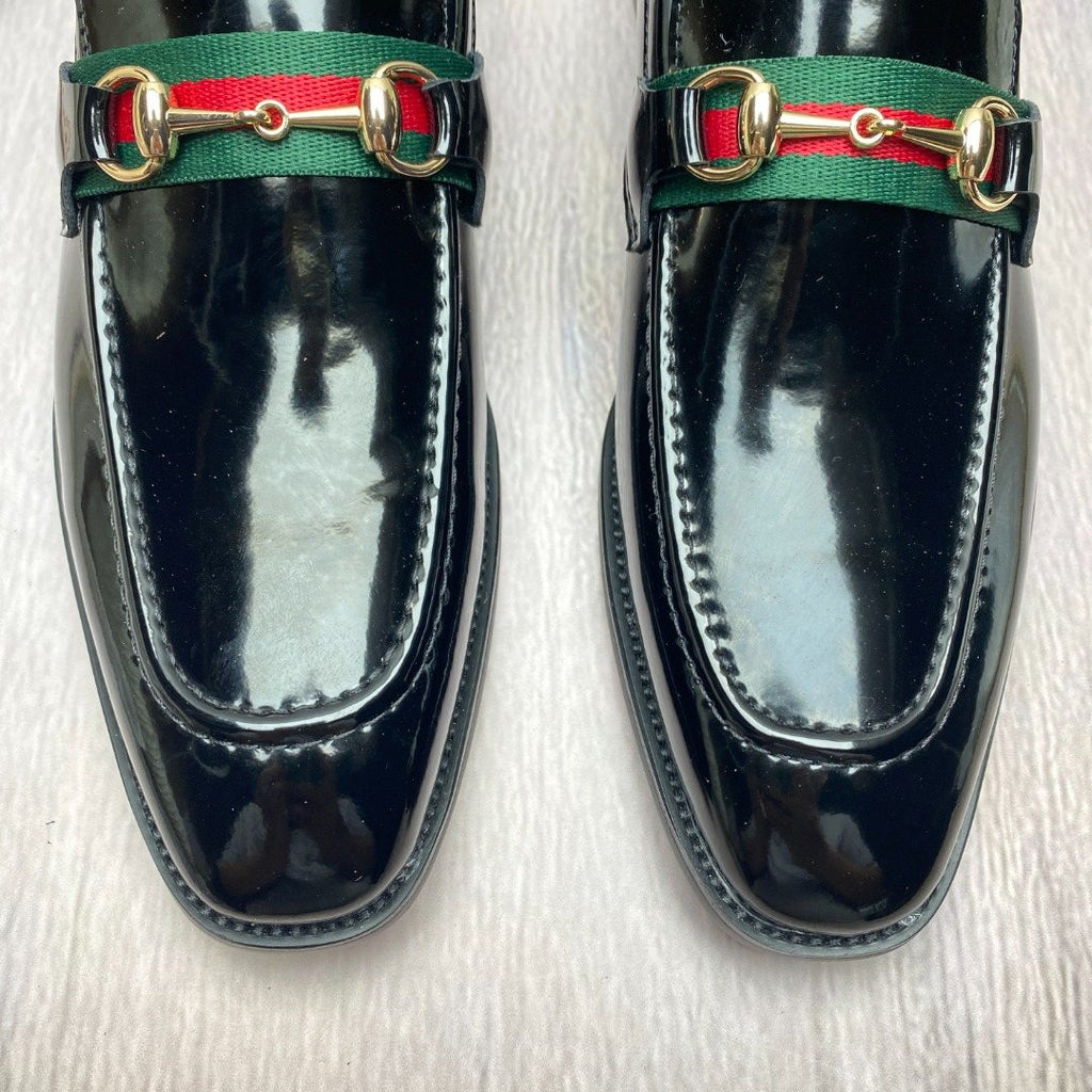 Gucci Black Patent Web Stripe Loafers