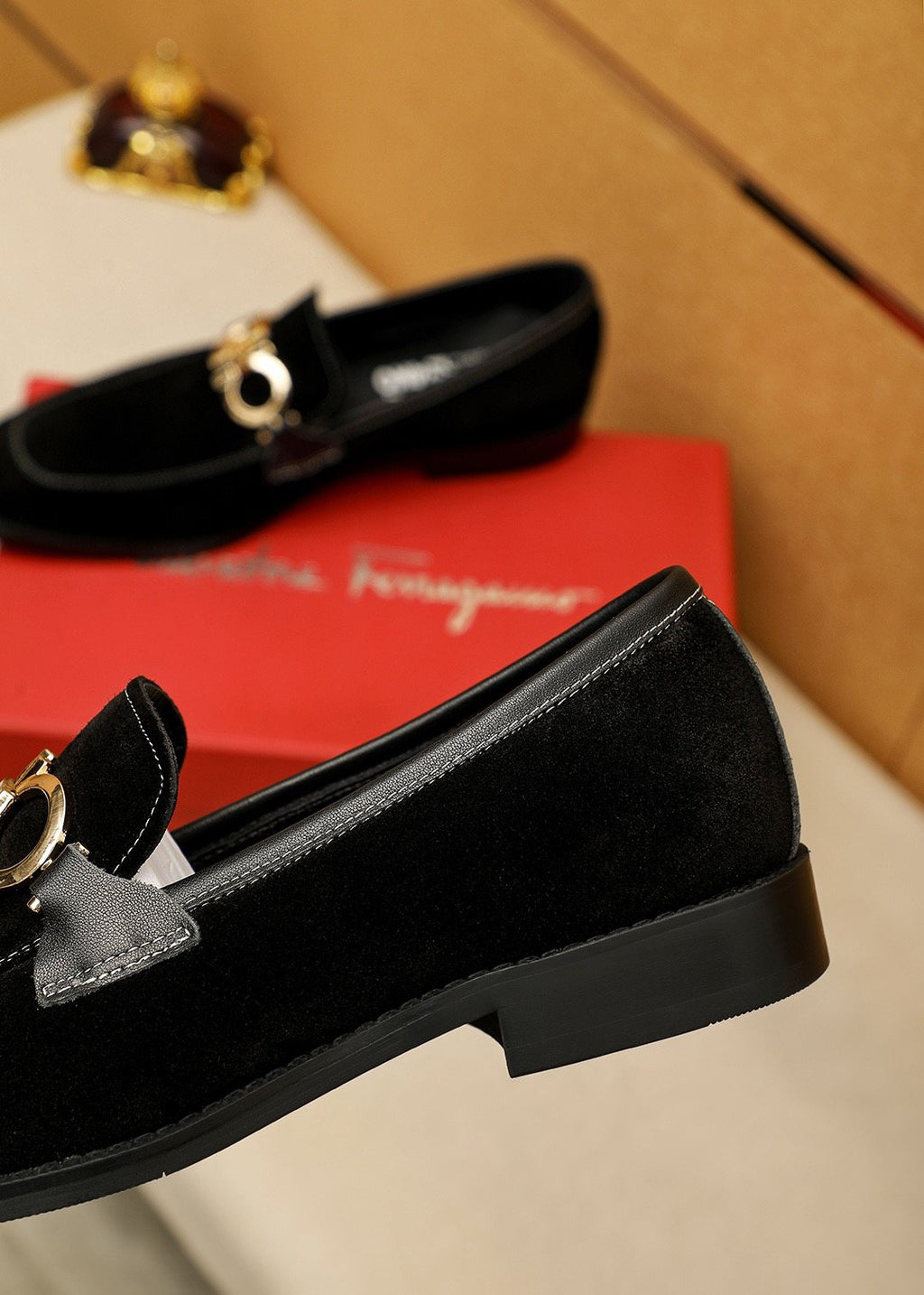 Ferragamo Black Suede Hardware Loafers