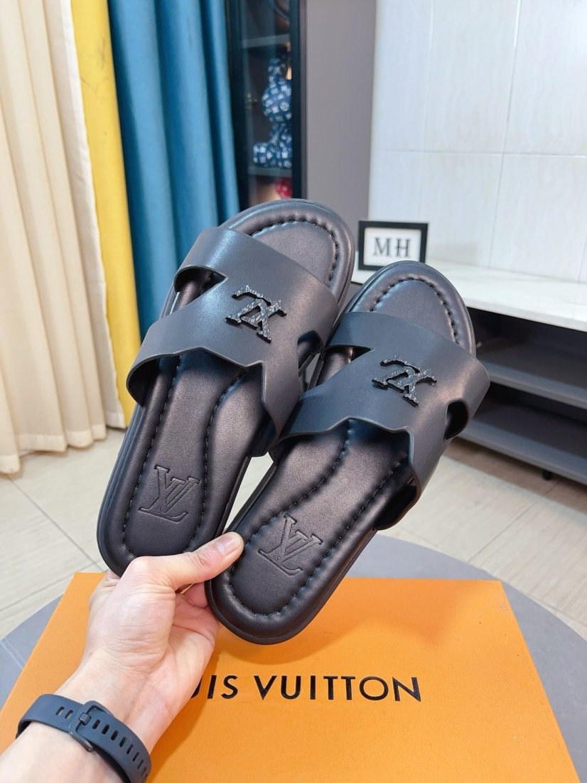 Louis Vuitton Men's Black Cross-Strap Slide Sandals