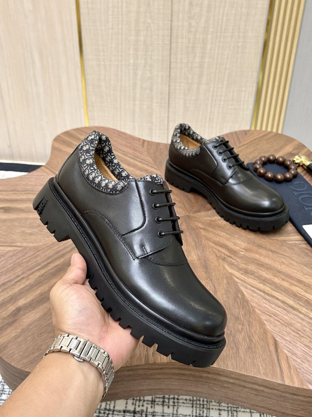 Dior Black Patterned-Collar Lace-Up Shoes