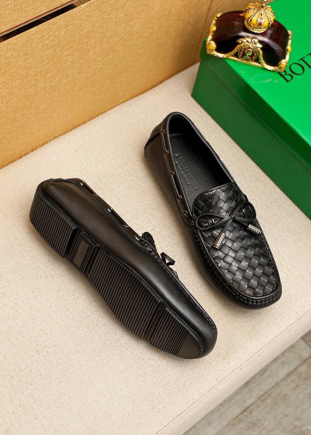 Bottega Veneta Black Woven Bow Loafers
