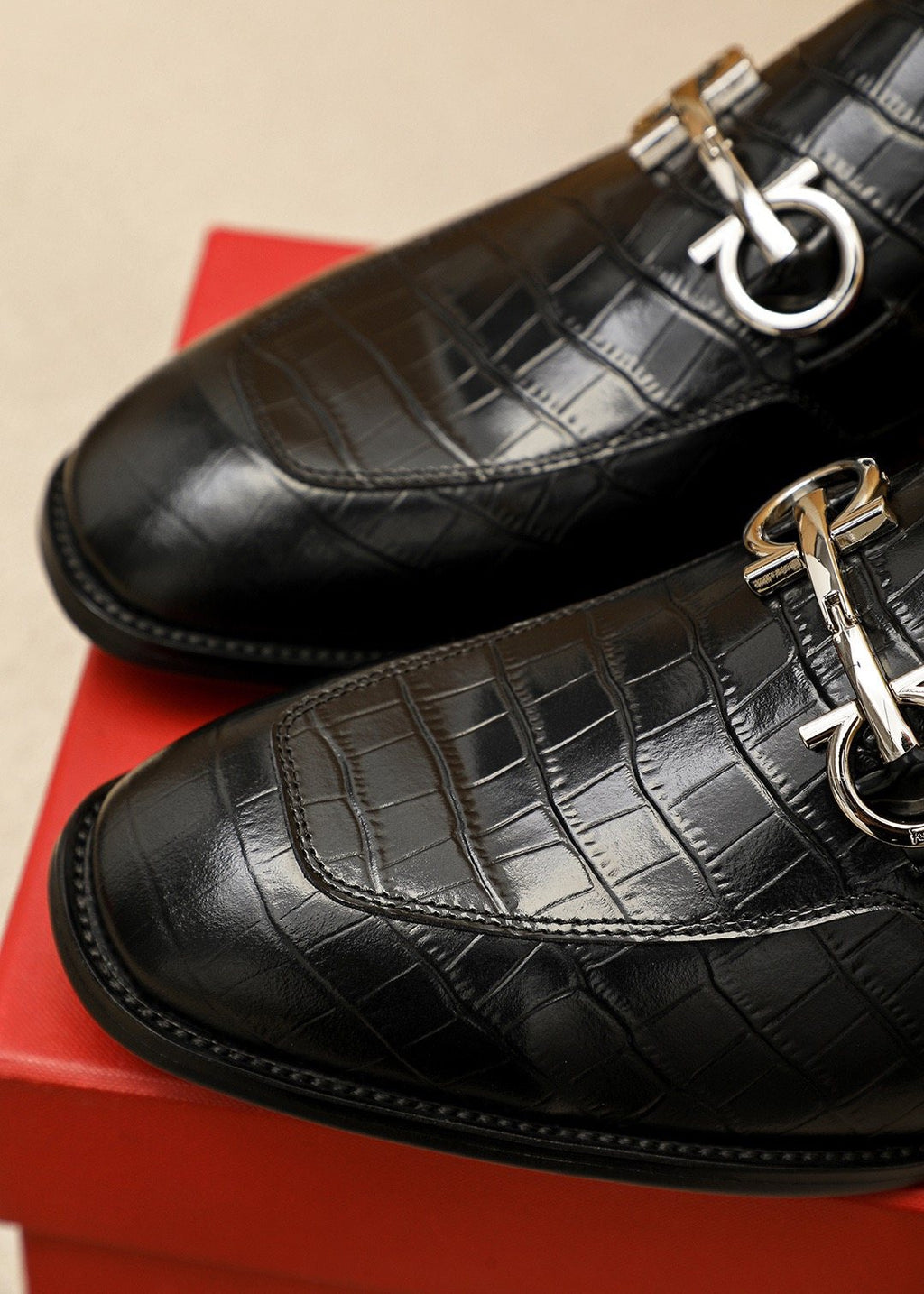 Ferragamo Men's Black Embossed Buckle Loafers - Silver-Tone Hardware