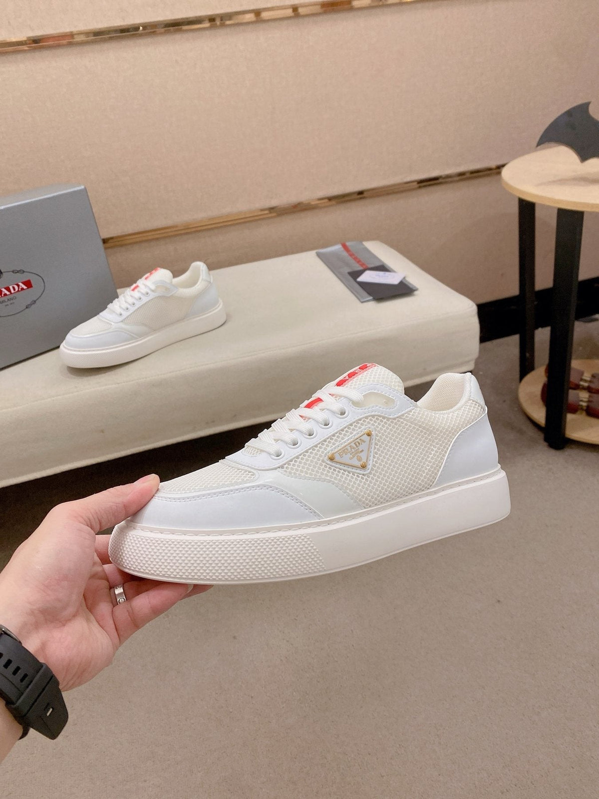 Prada Men's Red Accent Low-Top Sneakers