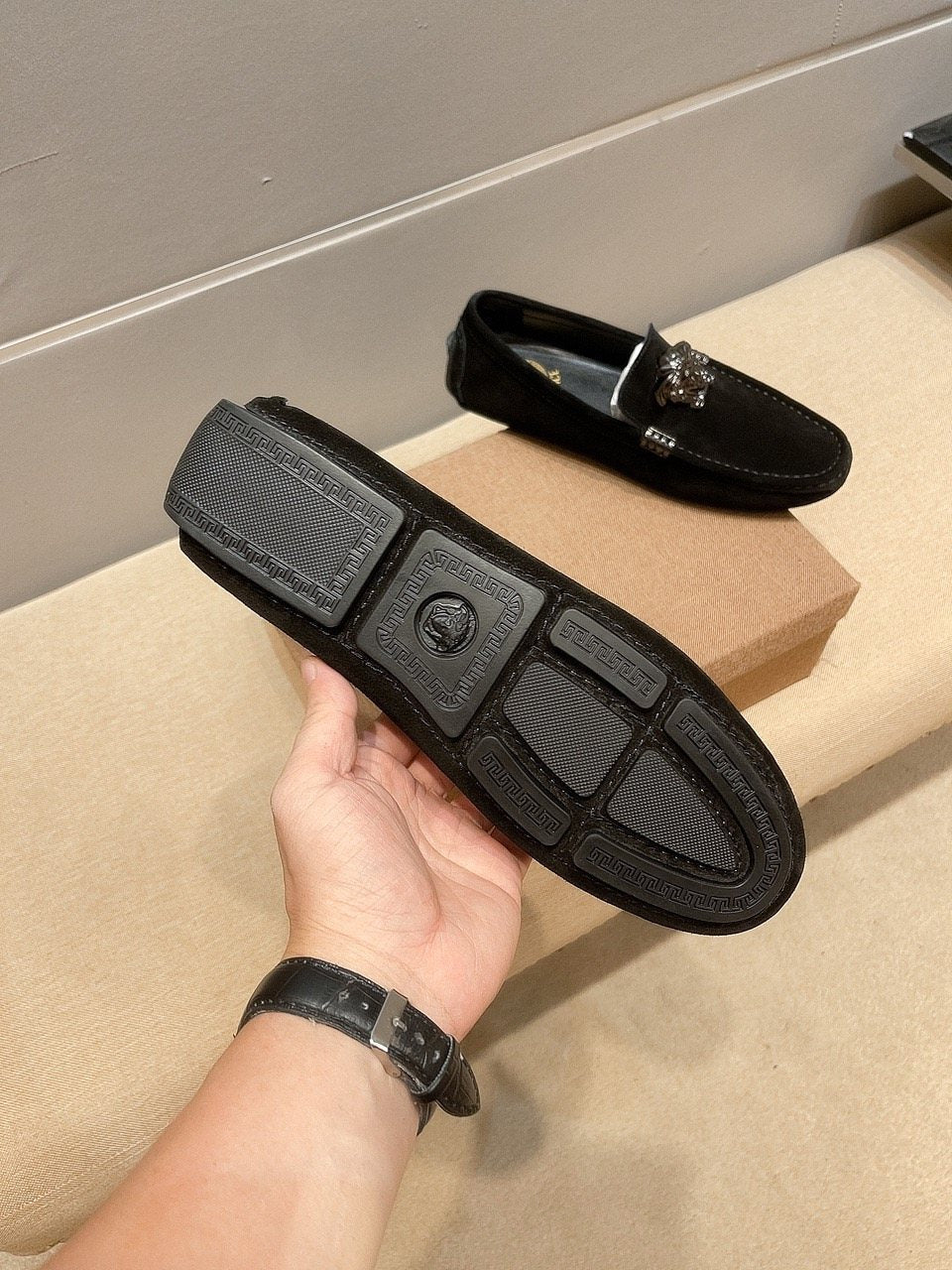 Men's Leather Loafers with Metal Medallion