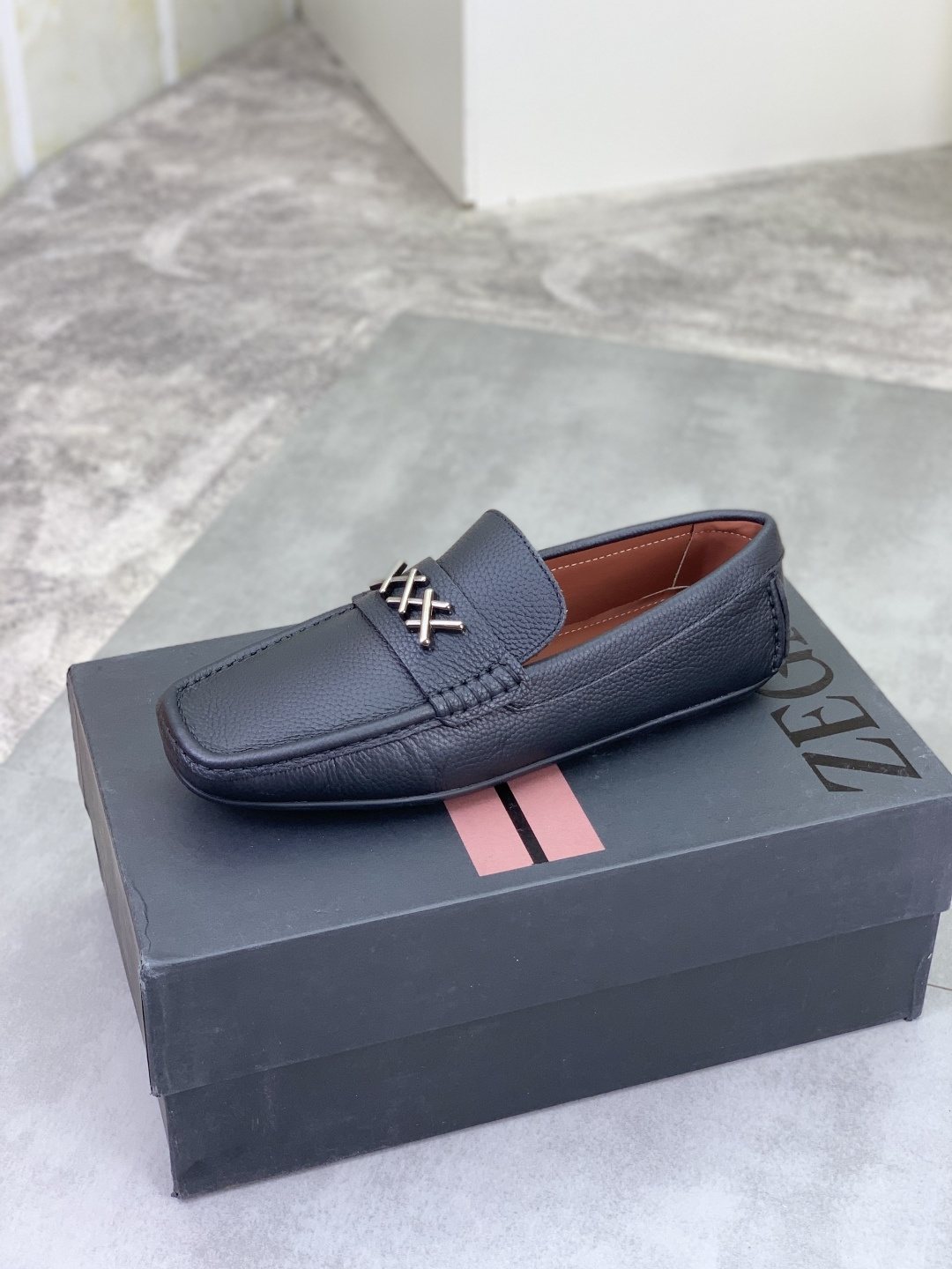 Zegna Square-Toe Leather Loafers with X Accents