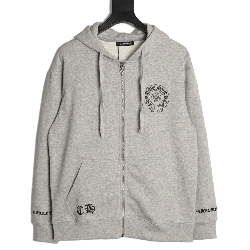 Chrome Hearts Horseshoe and Gothic-Lettering Zip Hoodie - Light Gray