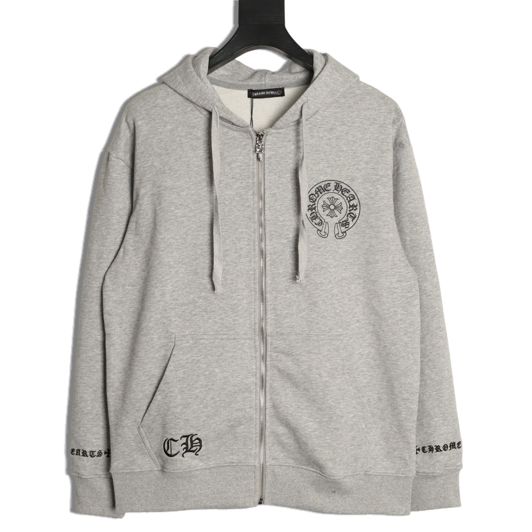 Chrome Hearts Horseshoe and Gothic-Lettering Zip Hoodie - Light Gray
